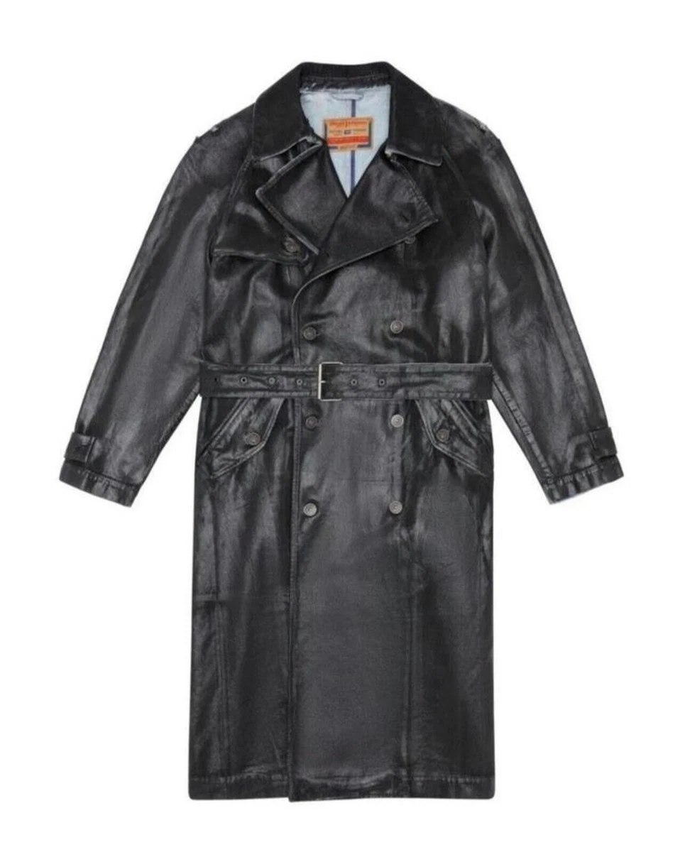 leather mens black denim trench coat