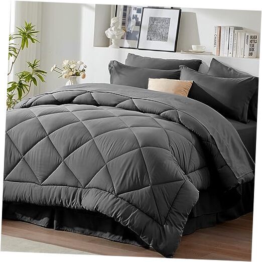 Bed in a Bag 8 Pieces Comforter Set All Season Bed Set Bedding King Dark Grey