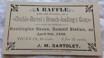 RARE 1889 BARTOLET SUMMIT STATION PENNYSYLVANIA PA GUN RAFFLE TICKET 2 ...