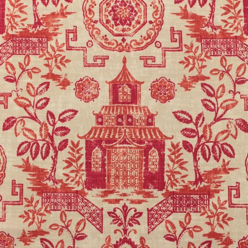 RICHLOOM TEAHOUSE CORAL RED ASIAN PAGODAS TOILE MULTIUSE FABRIC BY YARD 54"W