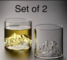 2 Glass Whiskey 3D Peaks Mountain Bar Rocks Glasses Crystal Old Fashioned NEW