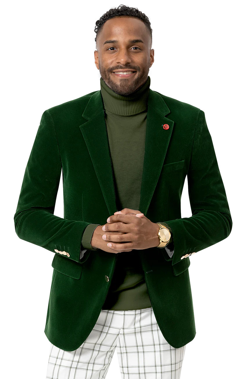 Мужской бархатный однотонный зеленый блейзер классического покроя спортивного покроя Kent - Park