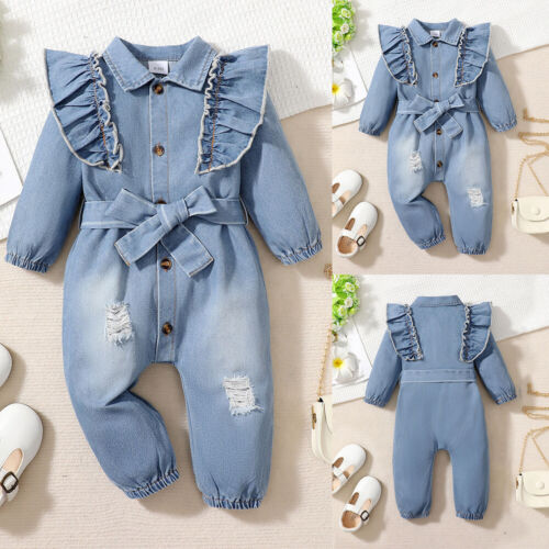 Newborn Baby Girls Ruffle Bowtie Denim Jumpsuit Romper Pants Outfit Clothes Set