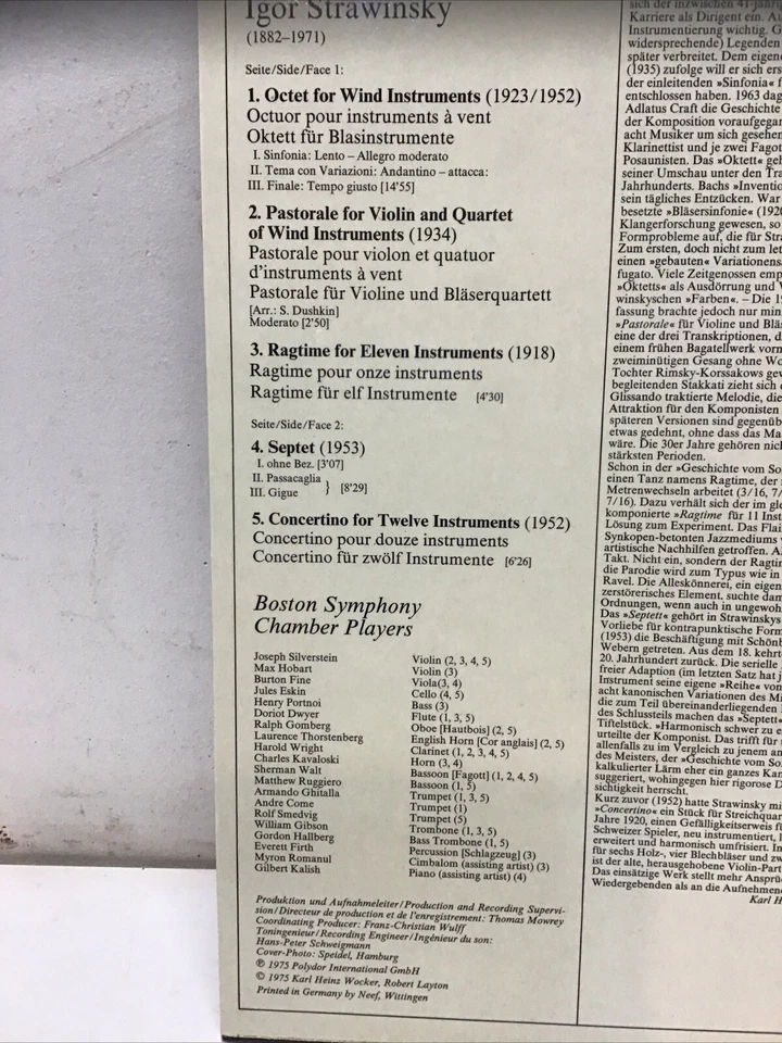 1975LP Igor Stravinsky Boston Symphony Chamber Players Deutshe Grammophon2530551 - Image 3 of 4