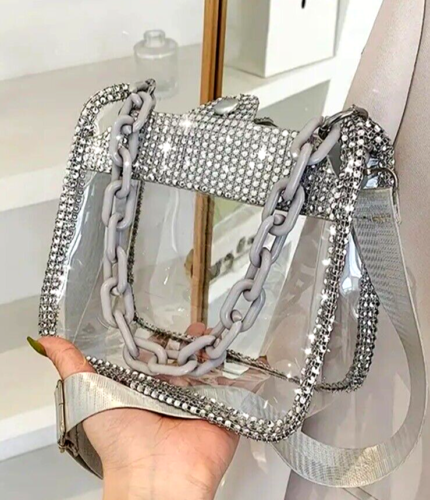 Rhinestone Square Crossbody Bag, Silver Transparent Bag Acrylic Strap Purse