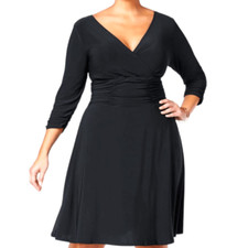 NY Collection Women's Ruched V-Neck Lined 3/4 Sleeve A-line Dress Black Size 1X