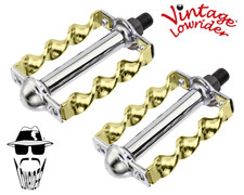 ORIGINAL F R Vintage Lowrider Flat Twisted Bicycle Pedals 1/2" Steel Chrome/Gold