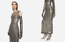 NWT Kim Dolce&Gabbana Long Foiled Jersey and Tulle Dress Dark Grey Size IT 40/ U