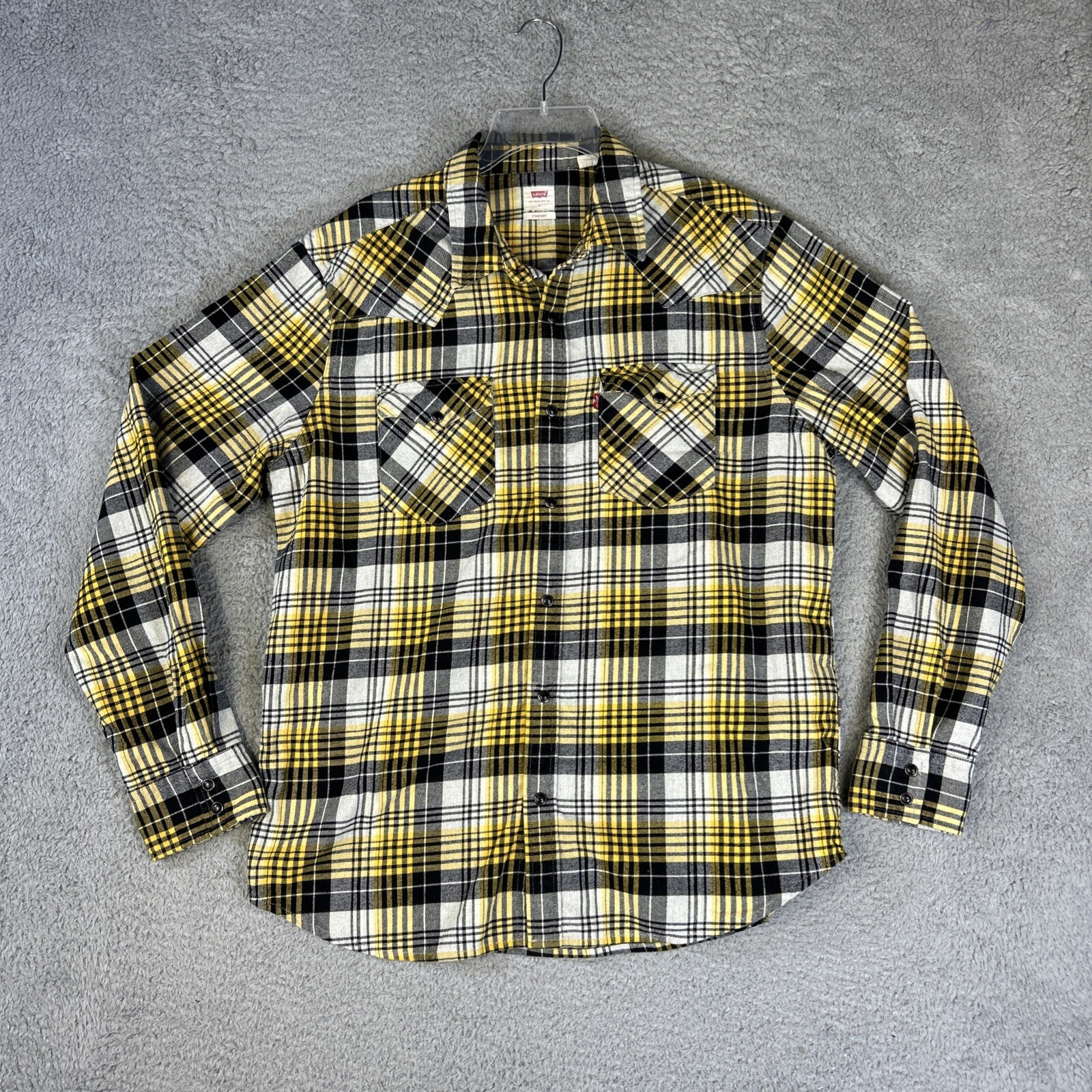 Levis Flannel Shirt Mens Large Black Yellow Plaid Western Pearl Snap Cabincore-image