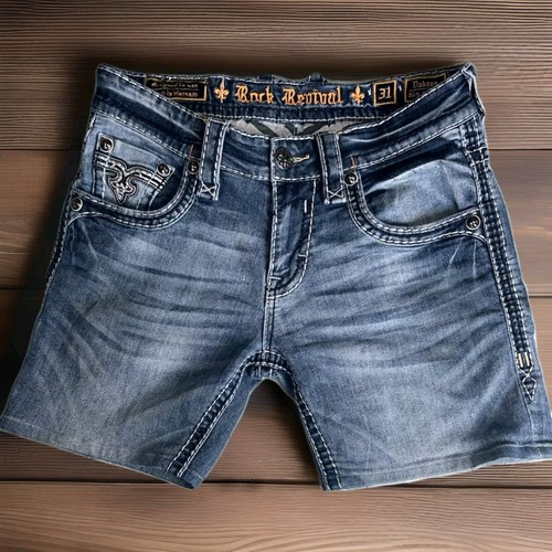 Rock Revival Dobson Slim Straight Denim Shorts Flap Pockets Rhinestone Blue 31 - Bild 2 von 12