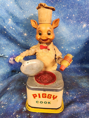 Original 1950s Yonezawa Piggy Cook Battery Operated Toy in Working