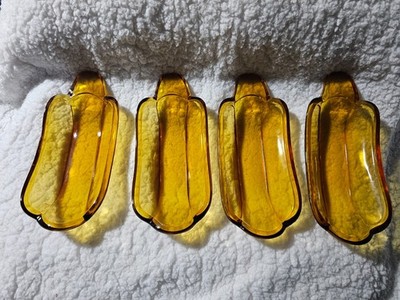 (Set of 4) Vintage 70s Amber Glass Banana Split Ice Cream Bowls Dishes 9X4 Decor