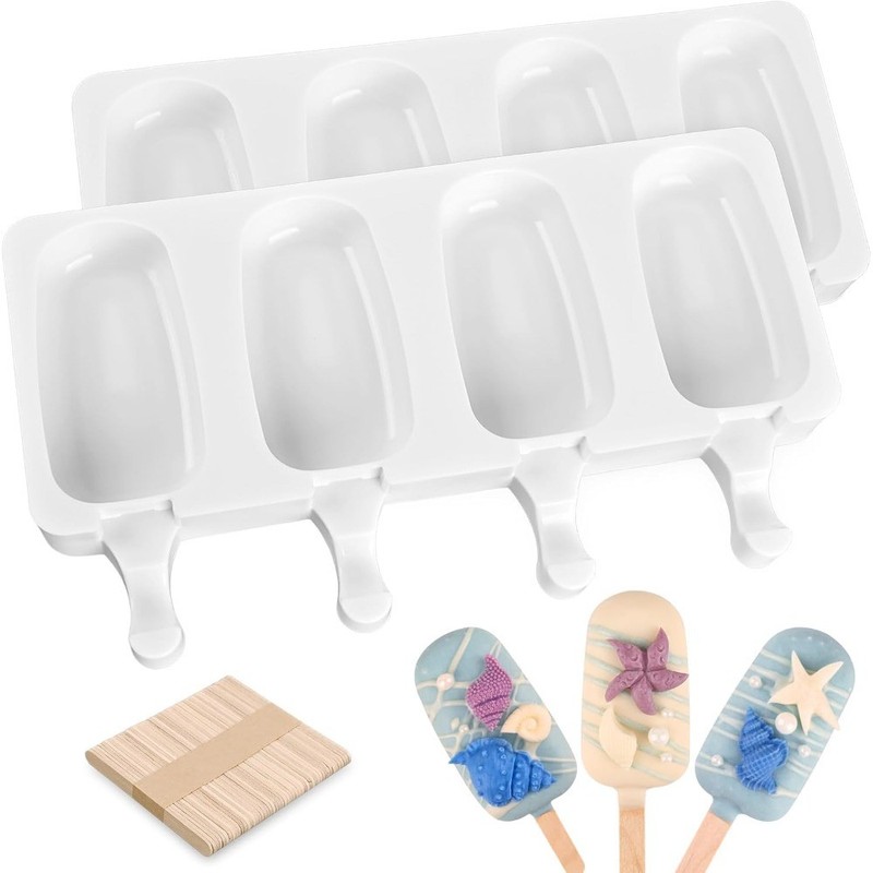 Cakesicle Mold Silicone Ice Cream Molds Cake Sickle Popsicle Mold with 50 Wooden