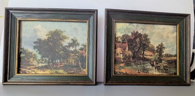 2 Vtg Framed Prints On Canvas The Hay Wain By John Constable & Village Street 