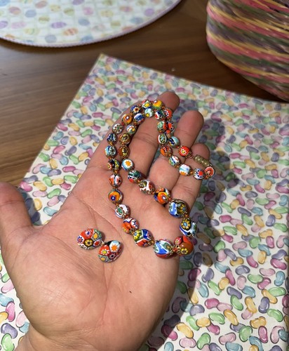 Vintage Venetian Murano Millefiori Glass Bead Necklace w/ Earrings 1950s