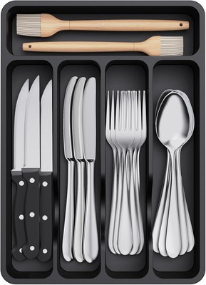 Lifewit Silverware Drawer Organizer Tray, 9.1*12.6*1.6 inch (5 Slots), Black 