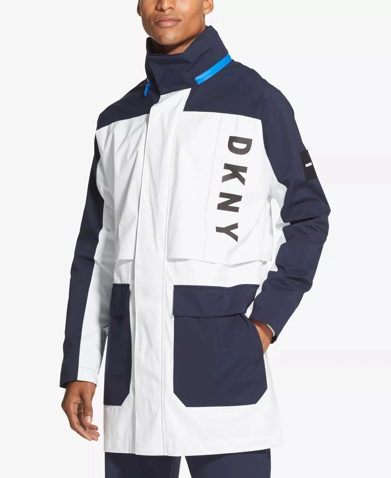 DKNY Mens Jacket Mock Neck Windbreaker Colorblock Blue 2XLarge