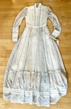 1970s Gunne Sax McClintock White Floral Maxi Long Prairie Dress Lace Flounces