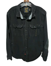 CPO Provisions Heavy Black Flannel Shirt Jacket Shacket Elbow Patch LG READ Meas