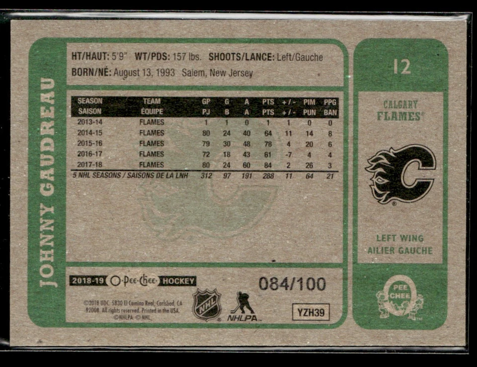 2018-19 O-Pee-Chee Retro Black Johnny Gaudreau 084/100 #12 - Image 2 of 2