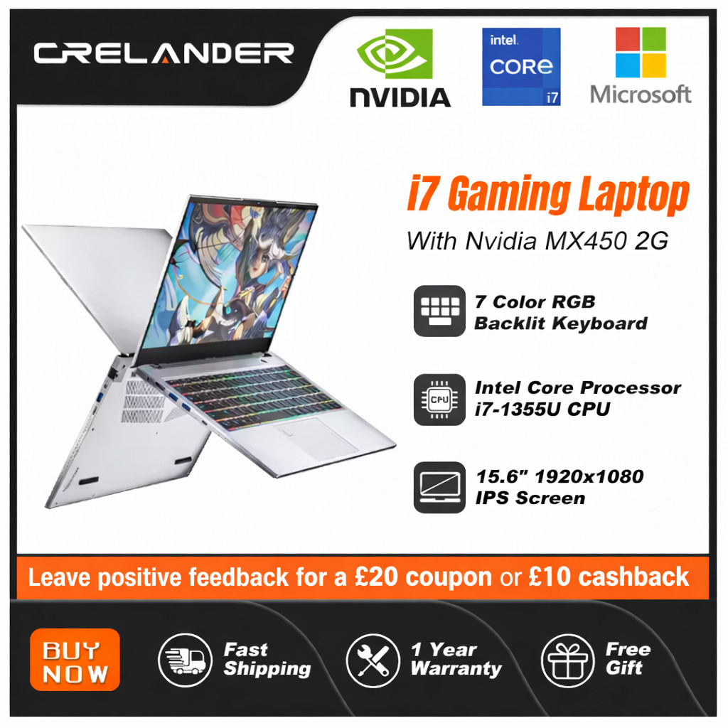 CRELANDER 15.6" Fast Gaming Laptop Intel i7 13th Gen NVidia MX450 Win11 FHD IPS