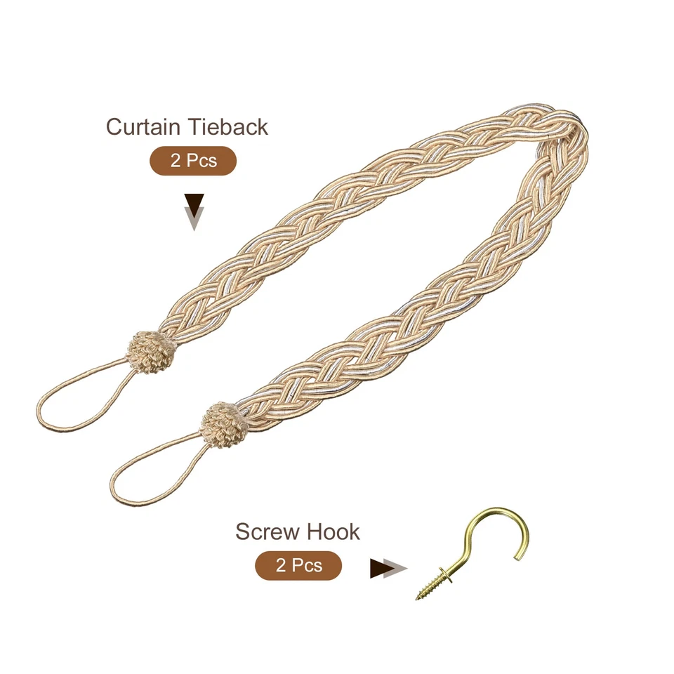2 Piezas Corbatas Cortina 23" Trenza Cortina Soporte de Retención con Ganchos Taupe/Plateado Foto 3 de 4