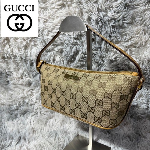 GUCCI GG Canvas Leather Accessory Pouch Handbag Beige Popular Used From Japan