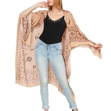Free People Magic Dance Border Print Kimono Duster Beige Brown Women One Size