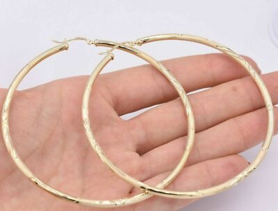 3 1/4'' 3mm X 80mm Huge Diamond Cut Shiny Hoop Earrings REAL 10K Yellow Gold