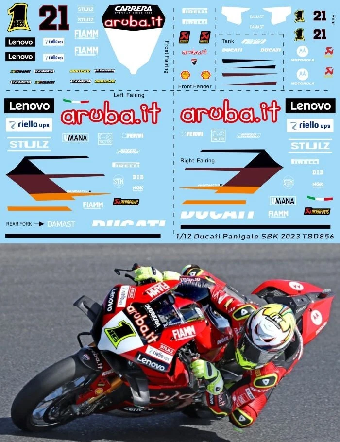 1/12 Decals für Ducati Panigale V4 Superbike 2023 Bautista Rinaldi TBD856