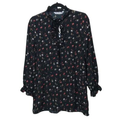 Zara Basic Denim z1975 Black Floral Tie Neck Long Sleeve Blouse NWT Medium