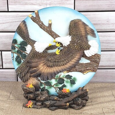 Eagle 3D Plate w/Stand 7'' Decorative Resin 2 Eagles Wings Spread Pine Tree