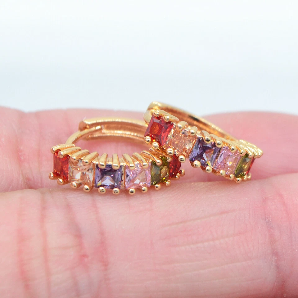 18K Yellow Gold Filled Women Multicolour Topaz Square Huggie Earrings Jewelry - Image 2 of 4