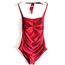 NEW Womens Tummy Control Swimsuit RED Halter 1 Piece Retro Ruched XL Smismivo
