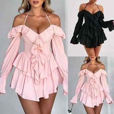 Off Shoulder Ruffled Dress Peplum Casual Short Dress Puff Sleeve Low Cut Dresses