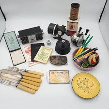 Junk Drawer Trinket Miscellaneous Lot Tools Advertising Fishing Notepads Knives