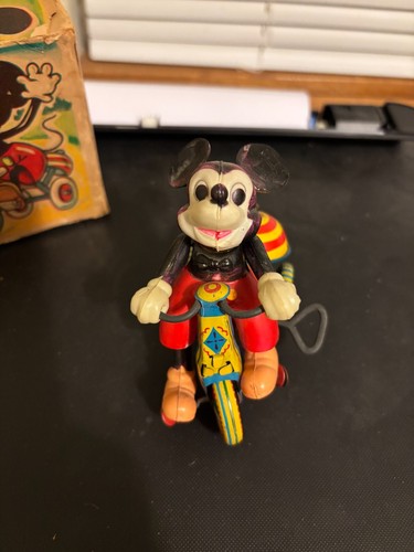VINTAGE LINEMAR JAPAN CELLULOID MICKEY MOUSE ON MECHANICAL TRICYCLE W/ORIG BOX - Picture 2 of 14