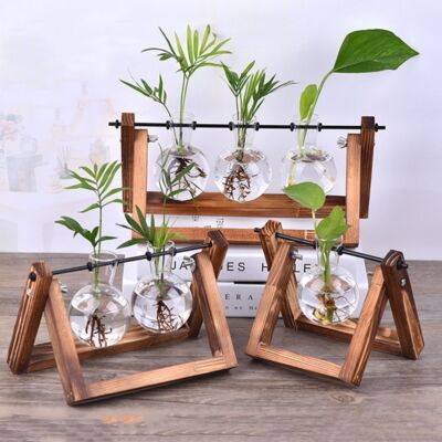 水草 YVB-Y'sVintage Base Hydroponic Glass Plant Vase - Vintage Retro with Wooden Stand Tray