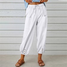Women Elastic Waist Harem Pants Loose Pants Cotton Linen Trousers with Pockets