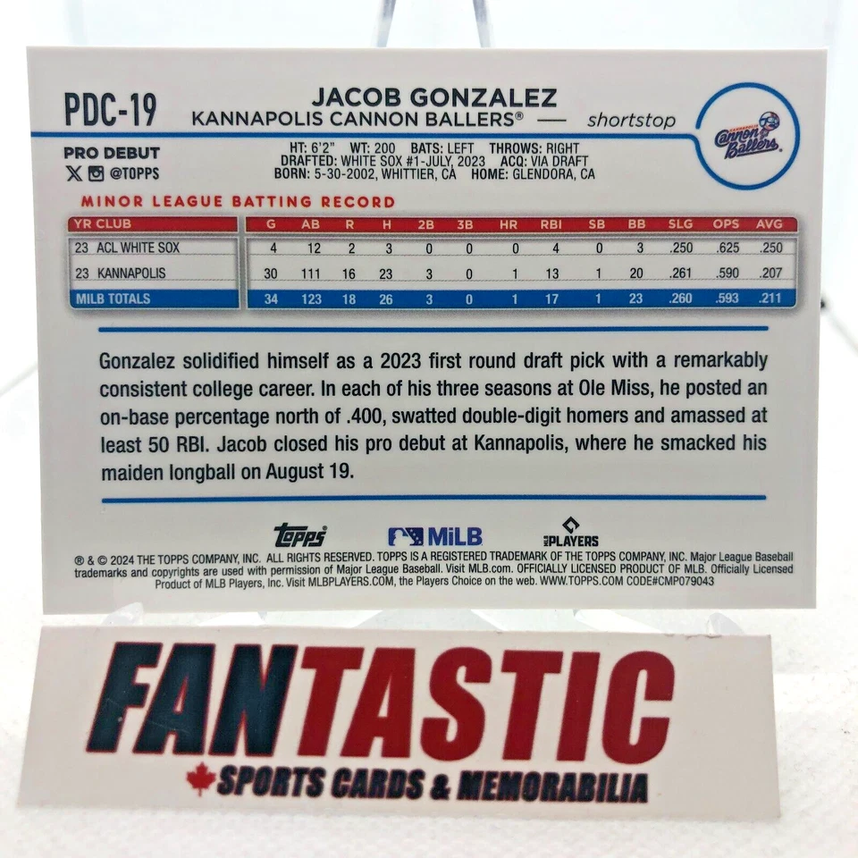 PDC-19 Jacob Gonzalez Kannapolis Cannon Bal XFRACTOR Chrome 2024 Topps Pro Debut - Image 2 of 2