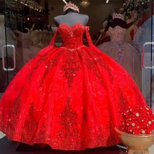 Red Quinceanera Dresses Sweet 15 16 Off Shoulder Long Sleeve Sequin Ball Gowns