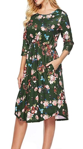 ZJCT Womens Dresses 3/4 Sleeve Round Neck Floral Casual Swing Midi Dress... - Picture 2 of 6