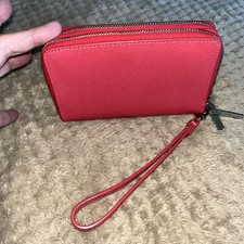 HALOGEN Double Zipper RED Leather WALLET Wristlet Organizer Christmas Holliday