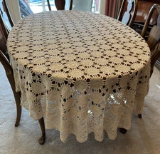 Vintage Beige 100% Cotton Crocheted Oval Tablecloth Approximately 66" x 102"