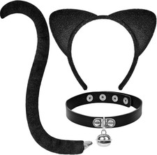 Cat Costume for Women, Black Cat Ears Headband and Tail Leather Bell Collar Set,