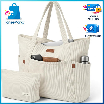 Tote Bag Damen mit Laptopfach Reißverschluss Baumwollfutter Strandtasche Uni