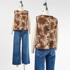 Vintage 90s Animal Print Tank Top Sleeveless Button Down Back Blouse Leopard M L