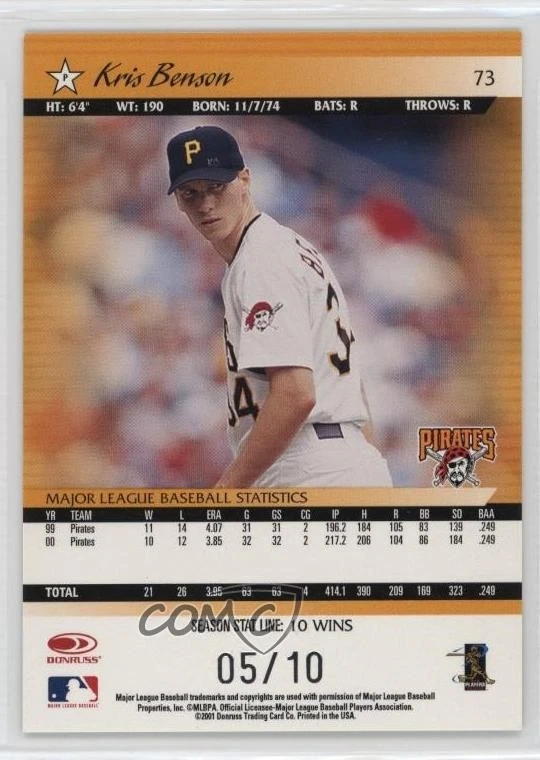 2001 Donruss Stat Line Season /10 Kris Benson #73 - Image 2 of 2