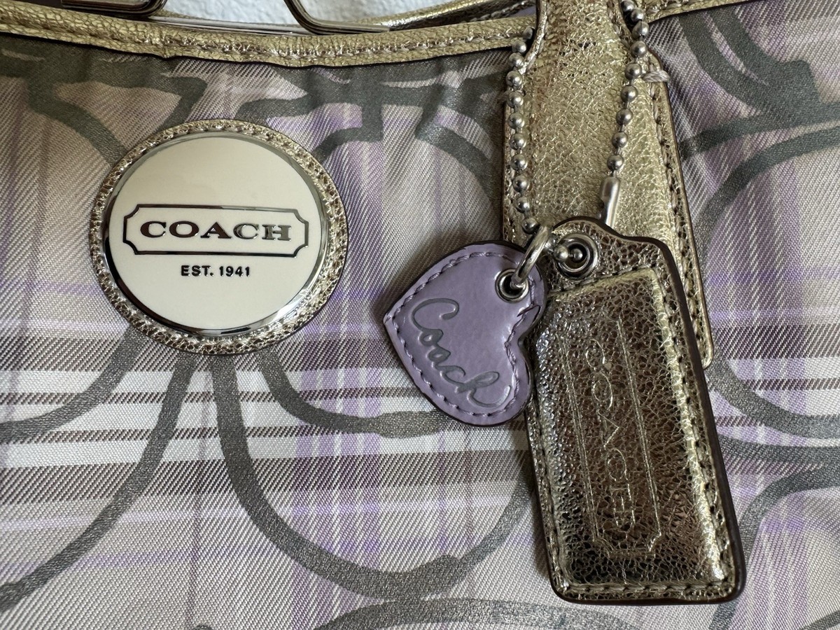 Coach Signature Lavender Tartan Plaid Framed Kiss Lock Carryall