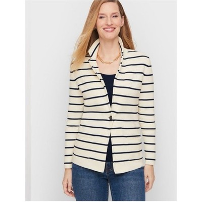 Talbots Women Navy/Off White Striped Knit Notch Collar Jacket Blazer Size Medium
